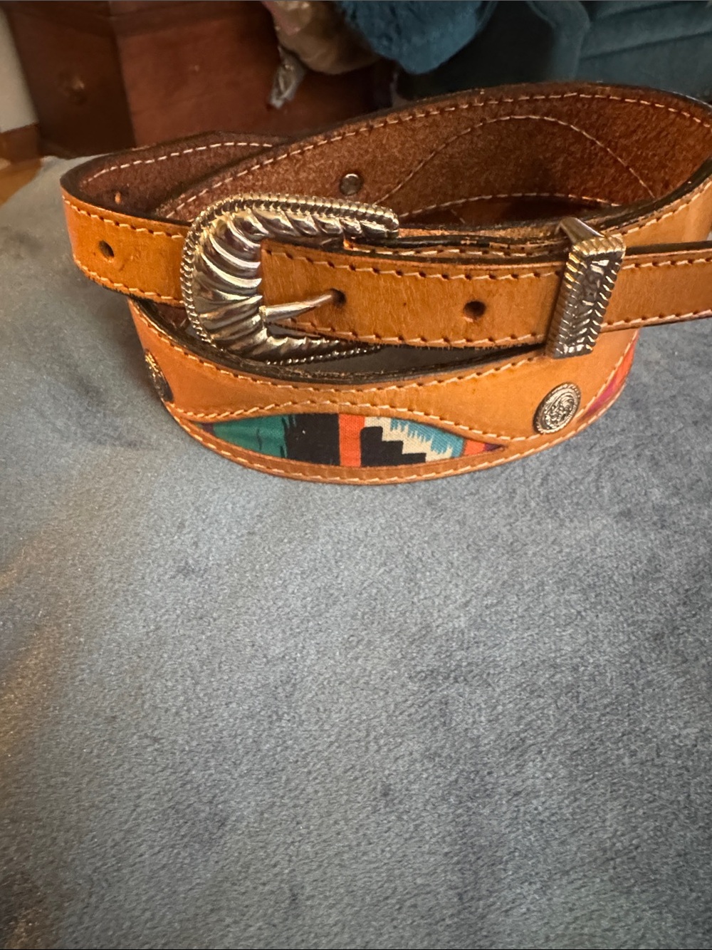 Kids Southwestern-Inspired Tan Leather Belt with Turquoise Accent